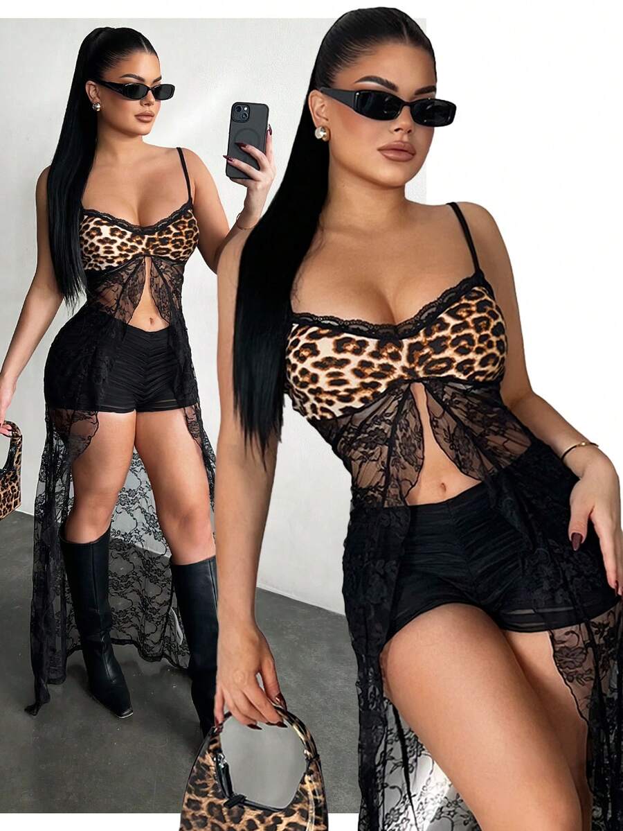 SHEIN SXY Sexy Lace Patchwork Leopard Print Camisole Top, Black Cowgirl Outfit, Black See Through Top, Sexy Women Outfits, Havana Nights Outfit,Club , - Multicolor - View 1