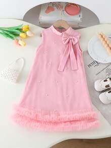 SHEIN Đầm công chúa mùa hè cho bé gái, cổ tròn, không tay, hai lớp vải lưới, đính hạt hình bướm. - Hồng - Xem 4