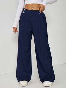 SHEIN EZwear 大码优雅休闲金属双扣直筒办公裤，秋冬款 - 藏蓝色 - 查看 8