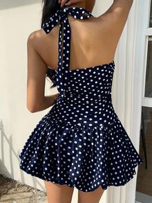 SHEIN EZwear 女士休闲优雅波点印花露背迷你连衣裙，夏季 - 藏蓝色 - 查看 2