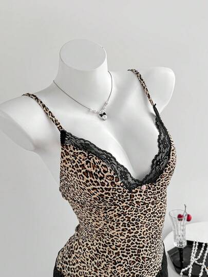 Elamini Top de camisola con cuello en V con decoración de lazo de encaje negro y estampado de leopardo marrón para mujer, inspirado en el estilo vintage dulce y minimalista, adecuado para el uso diario en primavera/verano
