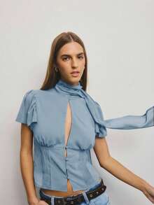 Aralina 女士纯色简约短袖衬衫，休闲日常穿着 - 淺藍色 - 查看 4