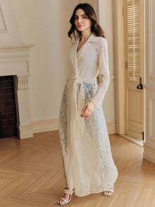 Anewsta 女士新款修身优雅蕾丝风衣 - 杏色 - 查看 5