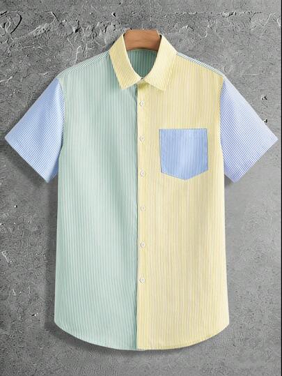 HIMLAND Men's Contrast Stripe Single-Breasted Casual Woven Short Sleeve Shirt Shirts For Summer Striped Shirt Colorblock Shirt Mens Casual Shirt