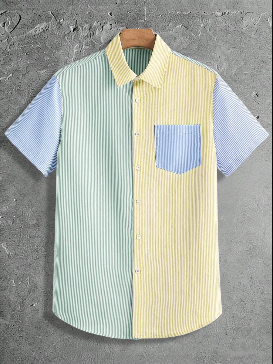 GENTILAND 男士撞色条纹单排扣休闲梭织短袖衬衫 夏季条纹衬衫 撞色衬衫 男士休闲衬衫 - 彩色 - 查看 1