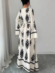 Elenzga Women's Elegant V-Neck Flare Sleeve Waist Wrap Design A-Line Maxi Dress, Floral Retro Print, Spring - Multicolor - View 2