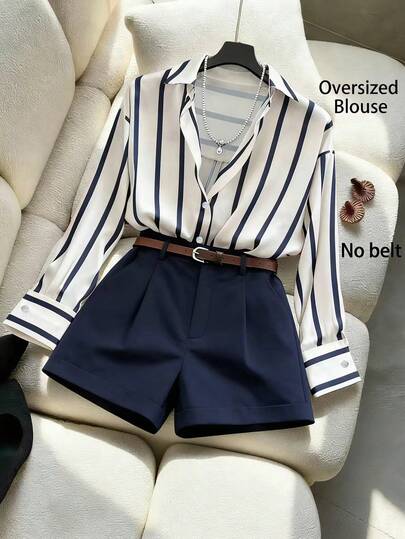 Franclia Women's Casual Striped Print Long Sleeve Shirt And Pleated Shorts Set, Suitable For Daily, Work, Commute, Spring/Summer/Autumn (Belt Not Included)