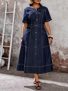 EMERY ROSE 大码夏季休闲日常前扣短袖牛仔连衣裙 - 藍色 - 查看 5