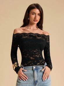 SHEIN BAE 1pc Women's Sexy Off-Shoulder Lace Long Sleeve Bodysuit, Tight-Fitting Lace Sheer Bodysuit, Ladies Top, Off-Shoulder Lace Bodysuit - Black - View 4