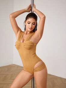 SHEIN Cheerettes 女士纯色褶皱镂空性感日常钢管舞连体裤 - 咖啡棕 - 查看 3