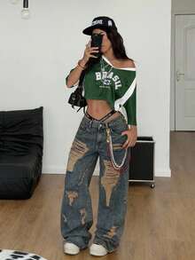 Coolane t-shirt courts patchwork avec graphiques du Brésil pour femmes, tenue de sport Y2K pour sorties et festivals brésiliens d'été - Vert sapin - Voir 2
