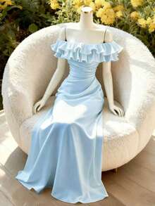 Franclia Women's New Ruffle Off-Shoulder Gathered Waist Elegant Slim Fit Long Dress Powder Blue Dress Sky Blue Dress Baby Blue Blue Satin Dress - Blue - View 1
