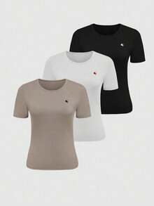 EMERY ROSE 3pcs/Set Women's Round Neck Knight Embroidery Ribbed Short Sleeve Casual T-Shirt - Multicolor - View 1