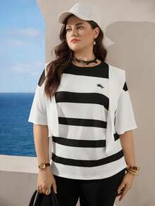 Zelara 两件套秋季女装加大码黑白条纹落肩优雅女式魅力T恤和打底裤休闲套装女式端庄两件套机场女装套装黑色两件套旅行装机场 - 黑與白 - 查看 8