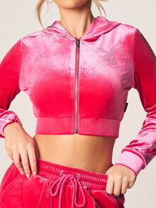 Missguided x Playboy Pink Velour Rhinestone Zip Front Crop Hoodie Long Sleeve Casual Top Fall Winter Comfort - Hot Pink - View 5