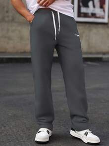 Manfinity Homme 男士休闲纯色抽绳腰带运动裤 - 深灰色 - 查看 3