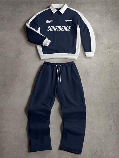 SLATEMANN Men's Contrast Color Long Sleeve Half-Zip Fashionable Versatile Pullover Sweatshirt Set