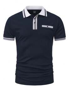 Manfinity Mode Áo polo nam tay ngắn phối màu, kiểu dáng thường ngày, đa năng, phù hợp mặc hàng ngày. - Màu xanh hải quân - Xem 2