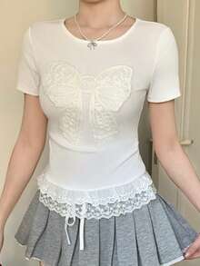 FRIFUL 女士纯色蕾丝拼接优雅圆领短袖T恤 夏季 - 白色 - 查看 9