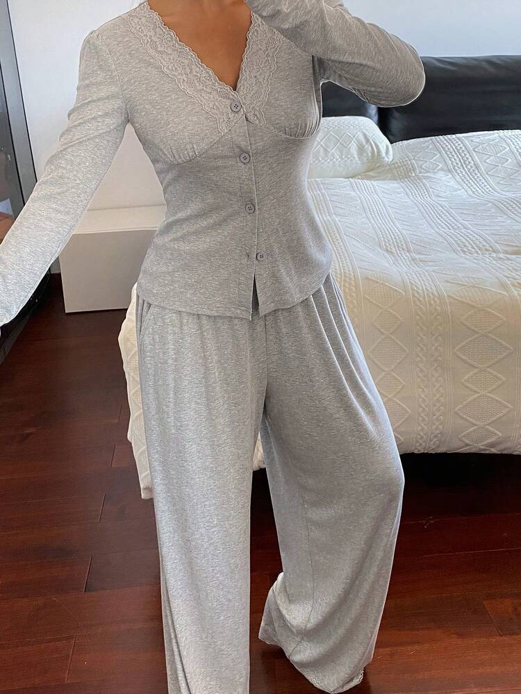 Lace Patchwork Comfortable Knit Women Pajama Set