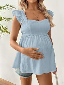 SHEIN 孕妇夏季休闲纯色纹理荷叶边衬衫 - 淺藍色 - 查看 4