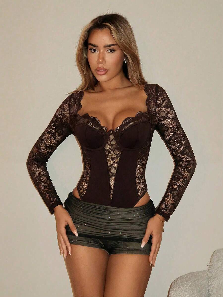 SHEIN ICON Áo liền thân dài tay, hở lưng, cạp cao, phối ren kiểu Y2K dành cho nữ. - màu nâu - Xem 1
