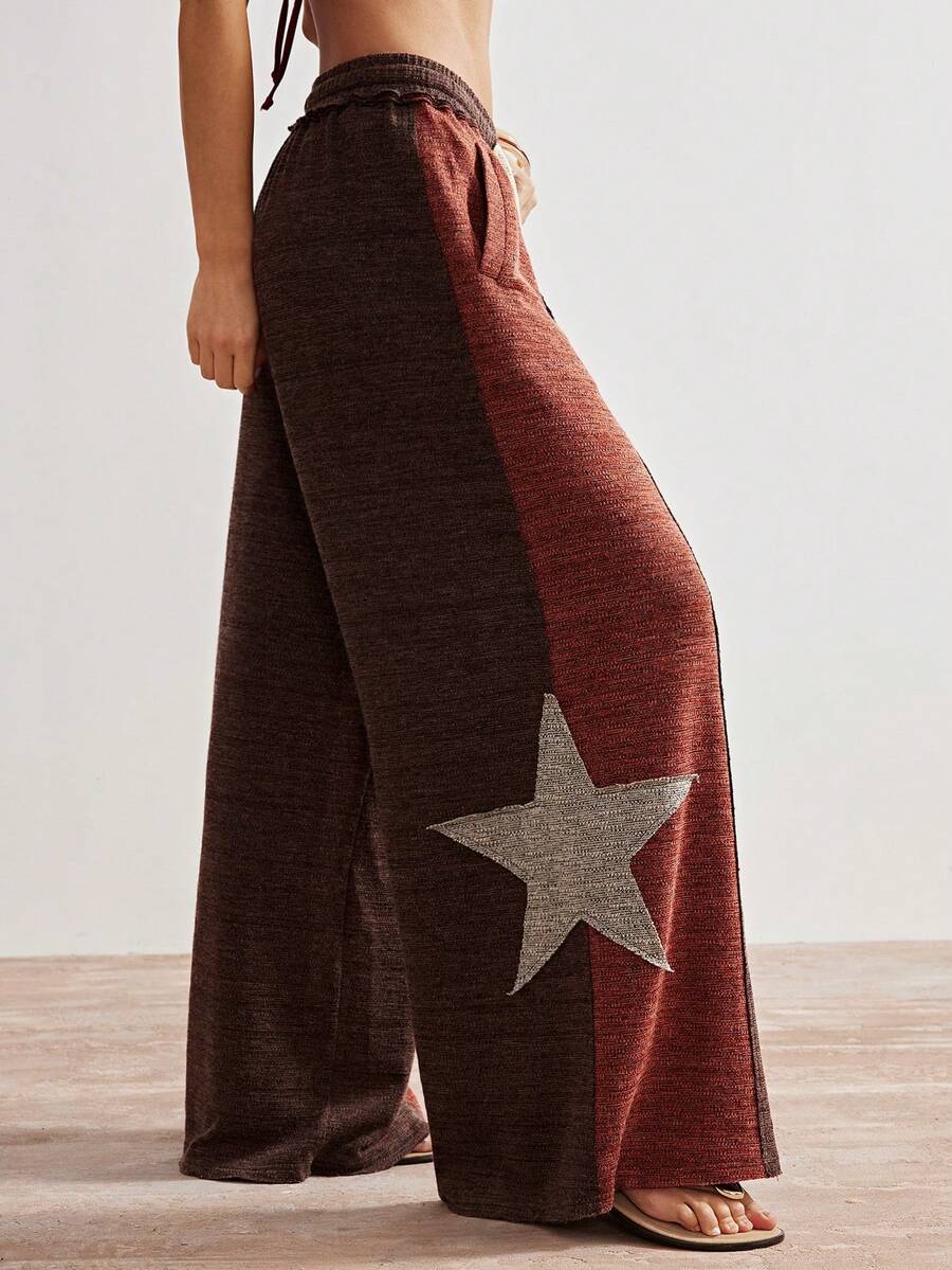 Bohemela BOHO Casual Knit Patchwork Star Pattern Wide Leg Pants - Khaki - View 1