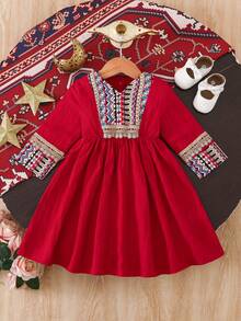 SHEIN Baby GirlCasual Retro Pattern Dress, Suitable For Spring, Summer, Autumn, Home, Outdoor, Holiday, Party, Daily Wear - Red - View 2