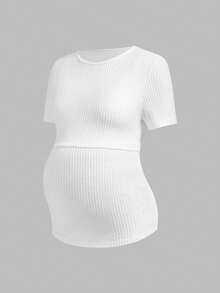 SHEIN Maternity & Nursing Casual Ribbed Crew Neck Short Sleeve Top, Summer - Green - View 9