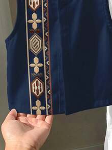 两件套复古星月印花背心+立领长衬衫，适合年轻男童的休闲套装，可用于上学、生日、春季、夏季和秋季穿着。 - 白色 - 查看 5