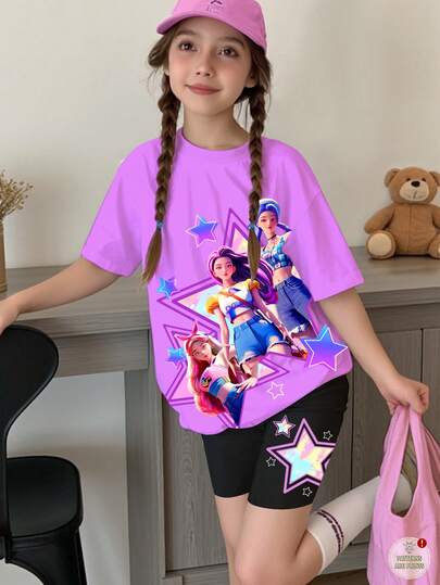 两件套少女圆领星星卡通印花短袖T恤和短裤，适合度假、派对和日常穿着，夏季