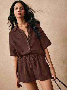 Poéselle 女士夏季两件套，沙滩两件套，100%纯棉质感面料，袖口收紧，短裤带侧袋，适合度假，宽松休闲衬衫套装，婚礼季女士连体裤，女士连身裤，女士连体衣 - 咖啡棕 - 查看 7