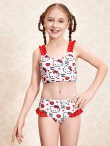 HELLO KITTY AND FRIENDS | SHEIN 少女暑假卡通猫印花荷叶边比基尼泳装 - 紅色 - 查看 8