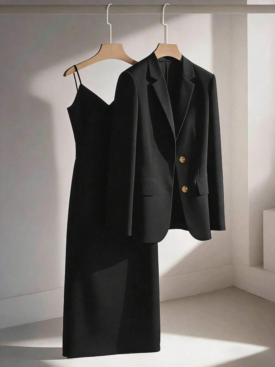 Franclia Casual Khaki Blazer Jacket Paired With Spaghetti Strap Waist Cinched Straight Dress, Women's 2 Pieces Set, Suitable For Spring/Autumn, Business/Casual Wear - Black - View 1