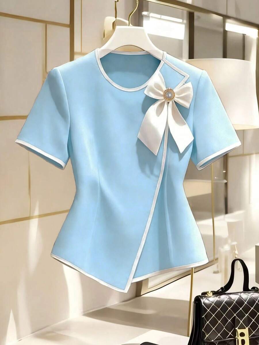 Franclia Áo sơ mi nữ tay ngắn cổ nơ thanh lịch mới, thiết kế vạt áo bất đối xứng, phù hợp cho cả công sở và trang phục thường ngày. - Màu xanh lam - Xem 1