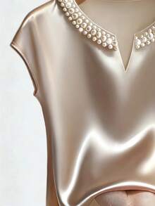 SHEIN LUNE Blouse en satin élégante couleur champagne avec col cranté et perles fausses pour l'été pour femmes,Top chic pour dîner et fête,Travail de bureau formel,Mode - Nude - Voir 7
