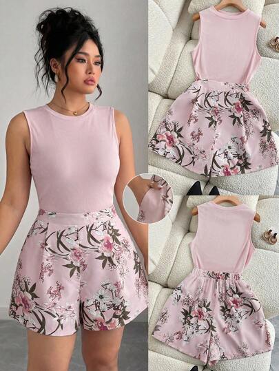 Franclia Conjunto de top sin mangas y shorts estampados para mujer talla grande, conjunto casual y elegante para vacaciones, conjunto de 2 piezas
