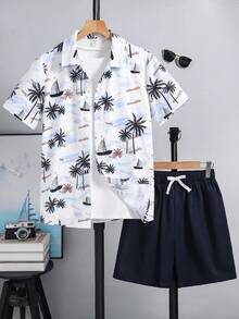 SHEIN Bộ 2 món áo sơ mi ngắn tay và quần short in họa tiết phong cách thường ngày thoải mái cho bé trai tuổi teen, thích hợp mặc đi nghỉ mát, mùa xuân. - Nhiều màu - Xem 4