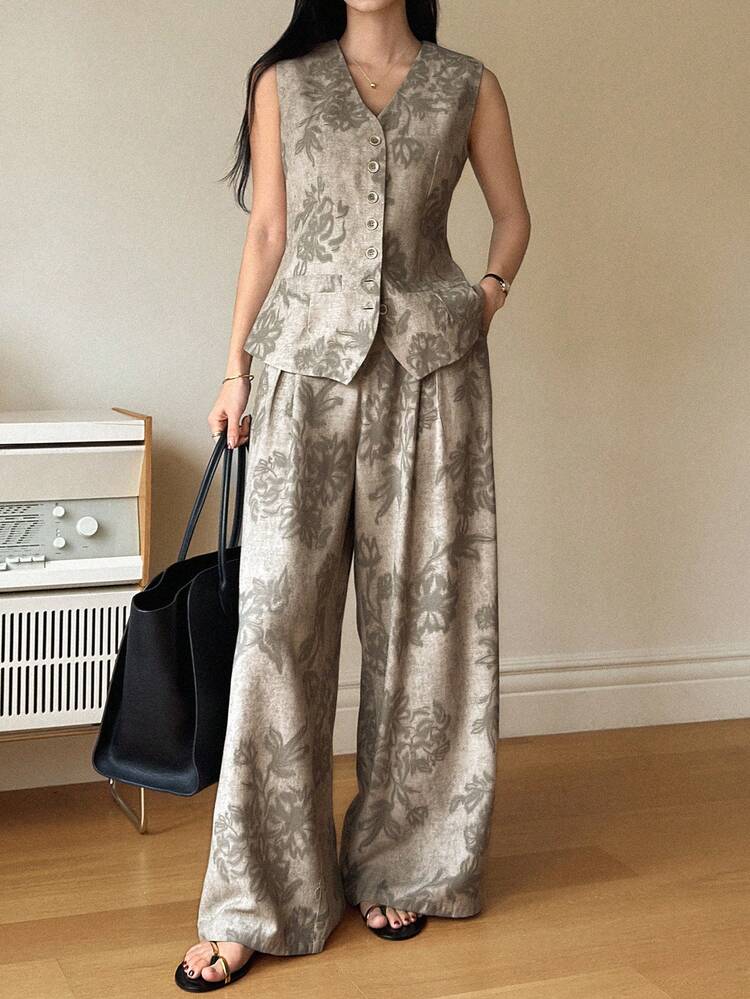 Women's Textured Print V-Neck Cinched Waist Vest And Loose Wide-Leg Pants 2-Piece Casual Elegant Set