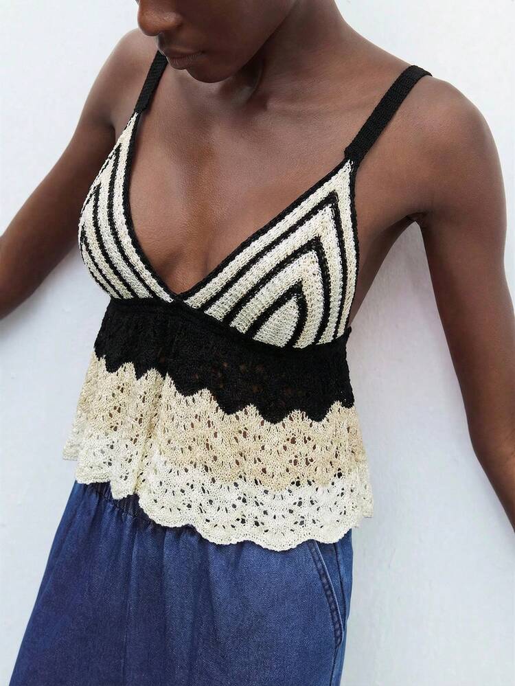 SHEIN Maija Women's Sexy Backless Camisole Top, Color Block Design, Suitable For Beach Vacation