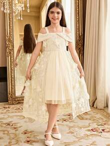 SHEIN Đầm lưới hở vai họa tiết hoa 3D cho bé gái tuổi teen, màu trắng ngà, thích hợp cho các dịp lễ hội và tiệc tùng. - Màu be - Xem 6