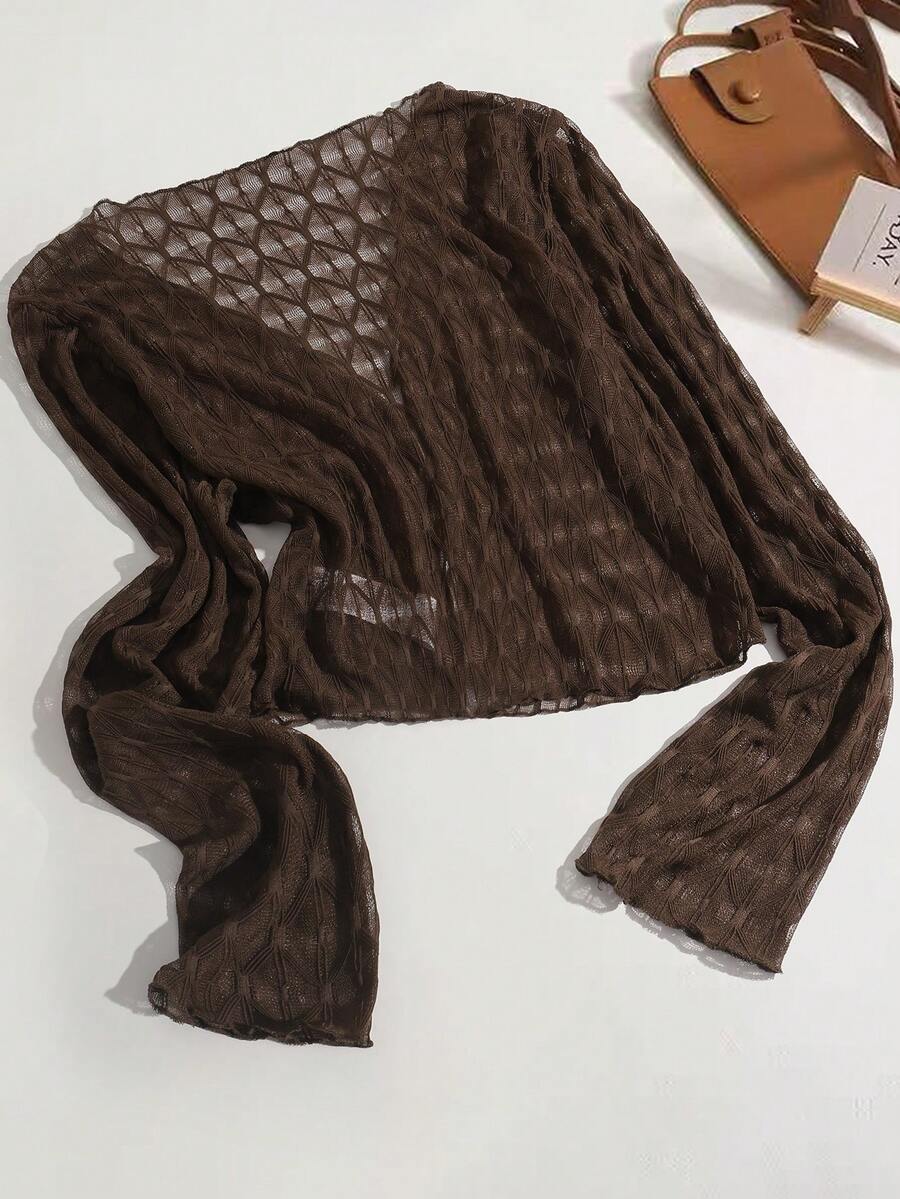 GlowEve Women's Solid Color Sheer Long Sleeve Lightweight Jacket - Brown - View 1