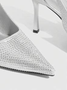 CUCCOO SZL Sexy Fashion Pointed Toe Rhinestone Embellished Stiletto High Heel Pumps, Backless Party Dress Shoes For Women Valentine's Day Spring Shoes - Silver - View 6