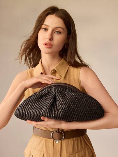 MOTF Túi xách nữ bằng rơm xếp ly