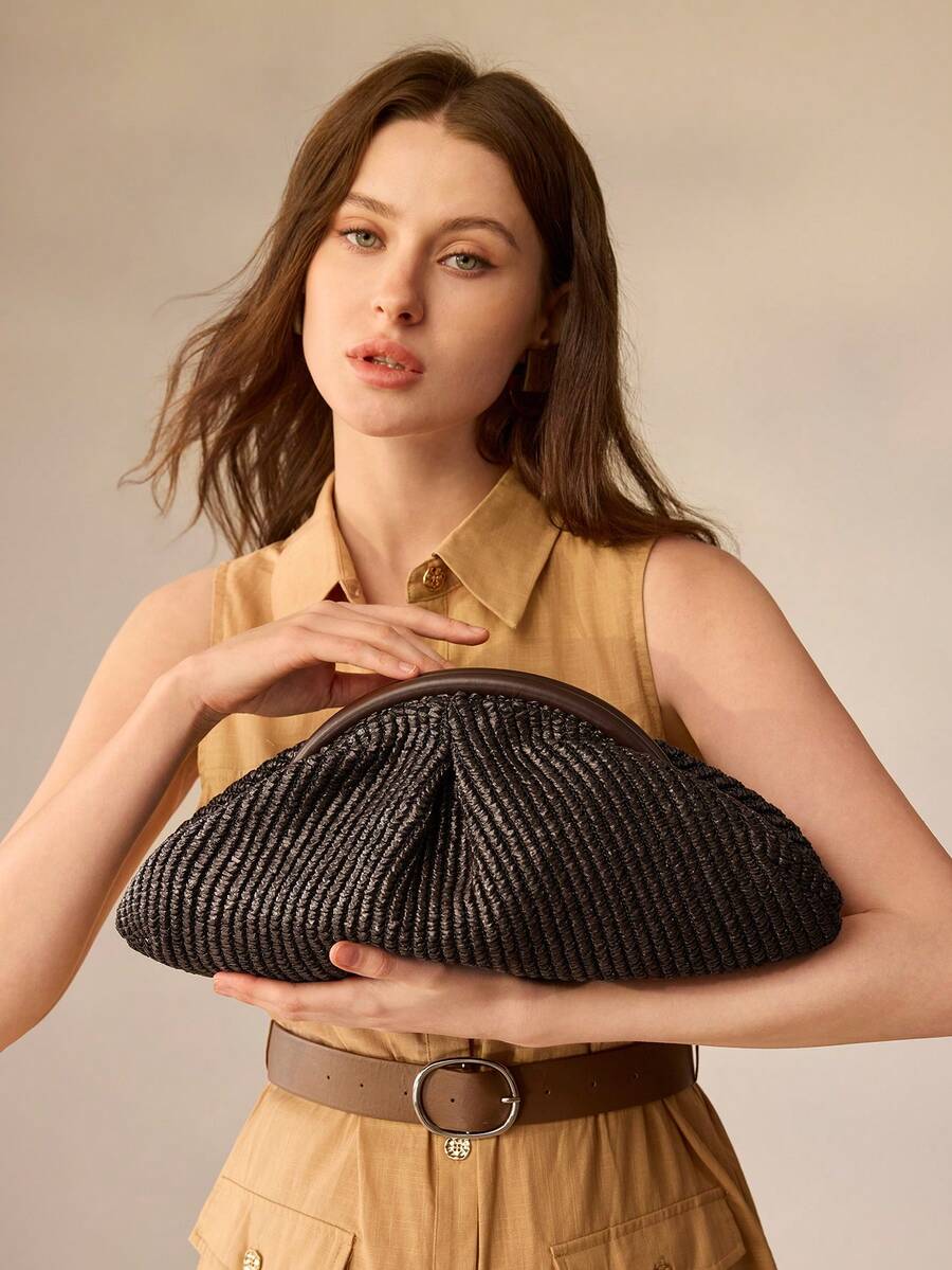 MOTF Túi xách nữ bằng rơm xếp ly - Cà phê - Xem 1