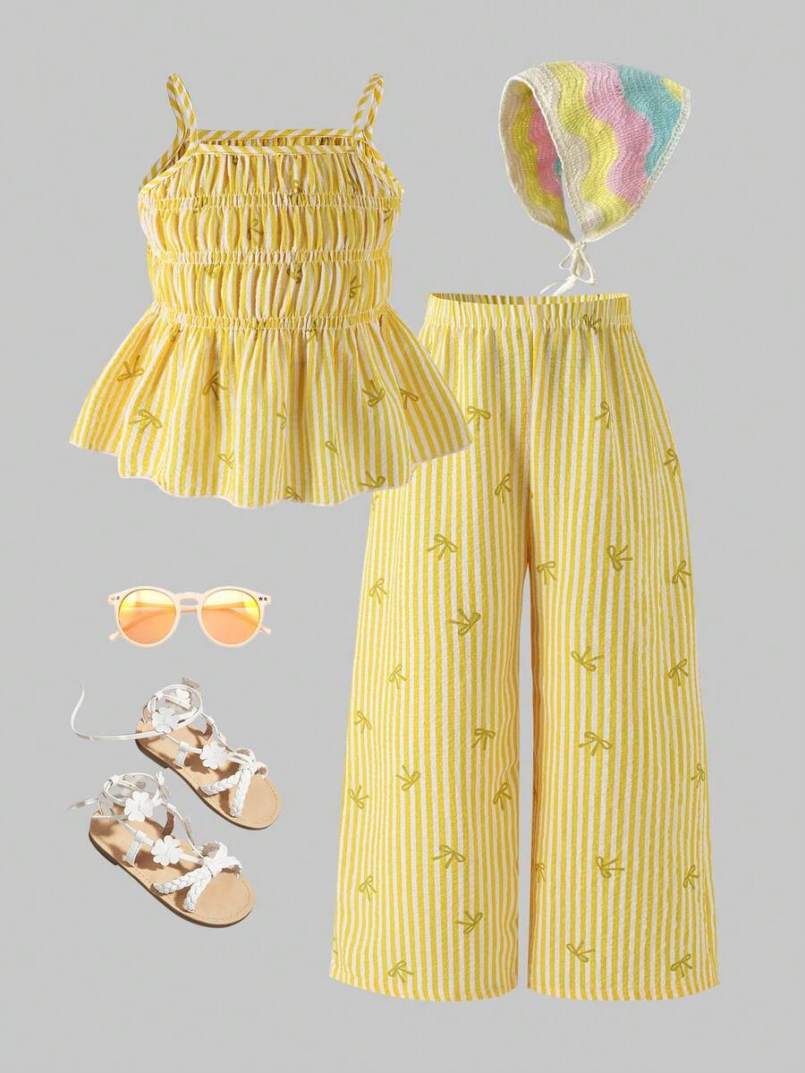 Young Girl' Cute Striped Bow Print Camisole And Flowy Wide Leg Pants Set, Summer - Yellow - View 1