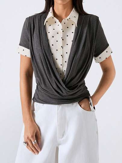 LYSMO 女士撞色二合一短袖圆领休闲T恤，夏季