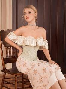 Myrelith Women's Off-Shoulder Floral Print Backless Tie Design Sexy Versatile Bustier Crop Top - Apricot - View 4