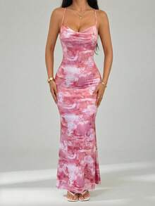 SHEIN PETITE 女士深V领露背扎染印花连衣裙 - 粉色 - 查看 10