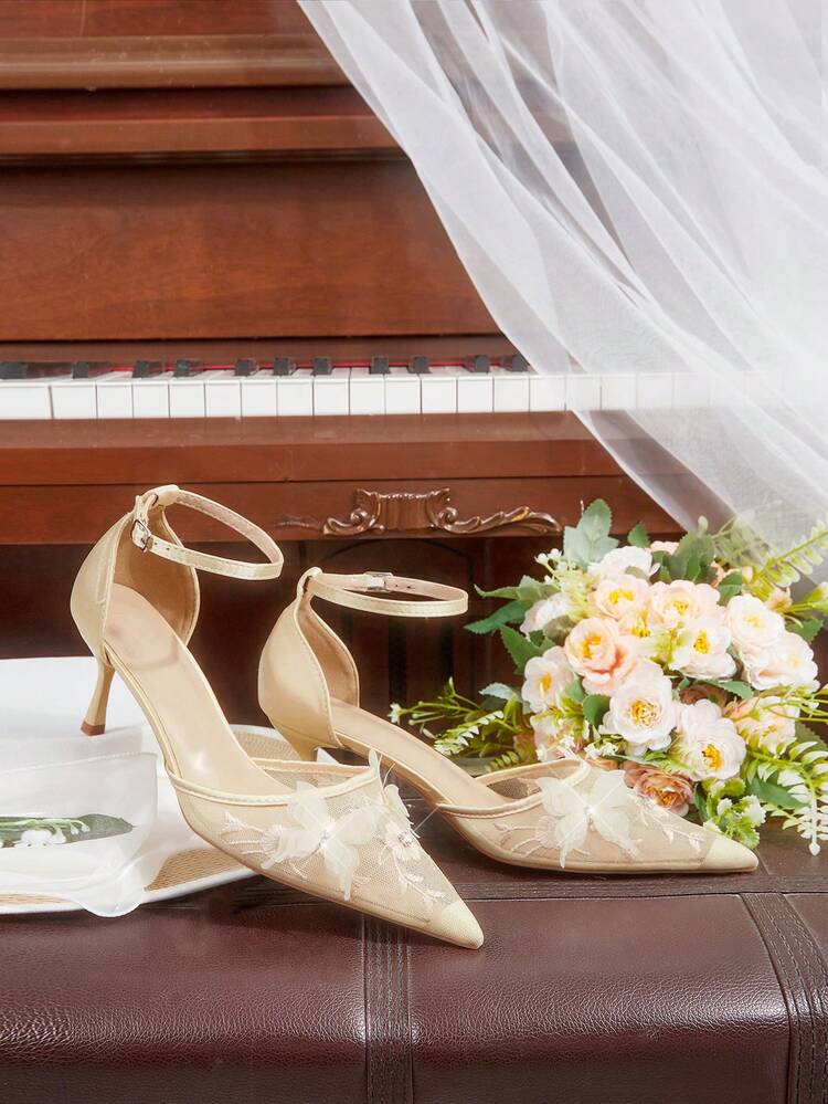 CUCCOO HITCHD Women Shoes Four Seasons New Embroidery Butterfly Type Flower Point Thin Heel High Heel Shoes Elegant Sexy Mesh Women's High Heel Shoes Rear Foot Wristband High Heel Shoes Sexy Elegant Fashion Wedding Valentine's Day Afternoon Tea Elegant Wear Valentine's Day Elegant Shoes Wedding Shoes